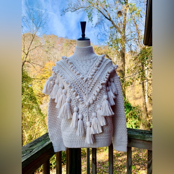 SOLD-Zimmermann Kaleidoscope Natural Crochet Tassel Pom Embellished Wool Sweater - Picture 3 of 9